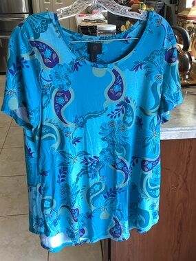JM Collection Turquoise Floral Scoop Neck Short Sleeve Top